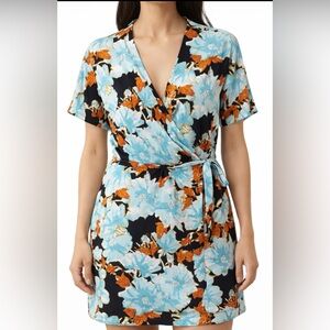 Babaton Floral Wrap Dress XS Blue Black Short Sleeve Tie Waist Aritzia